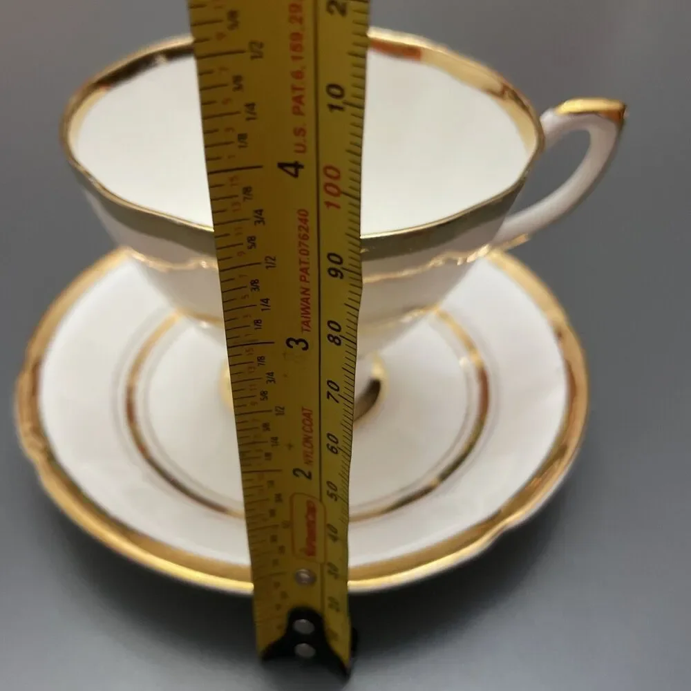NTG CROWNFORD Bone China Tea Cup & Saucer White Gold Pattern Trim England 2 sets